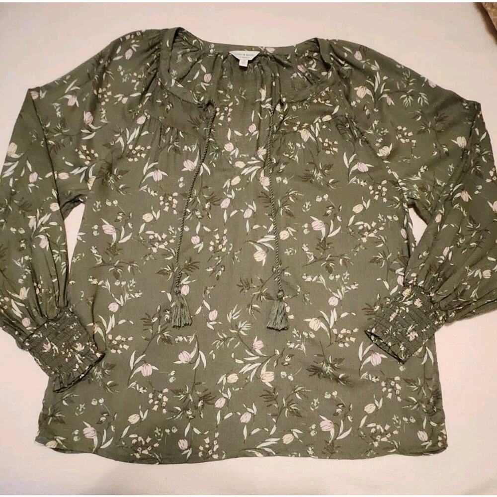Lucky Brand‎ Blouse W L, Floral Peasant Blouse With Tasseled Tie, Boho, Hippie
